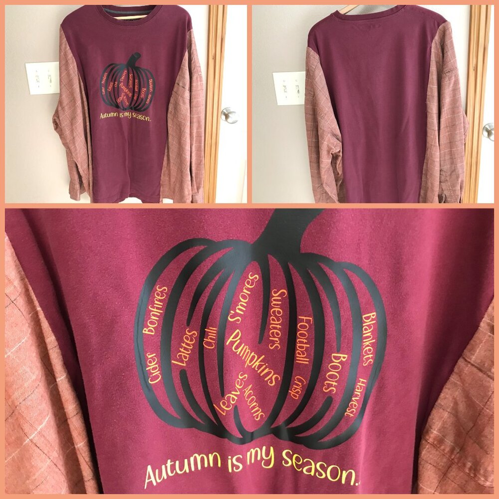 Upcycled Flannel Shirt Oversized Autumn Graphics Spliced Tee Fits XL 2X 3X - Picture 13 of 13